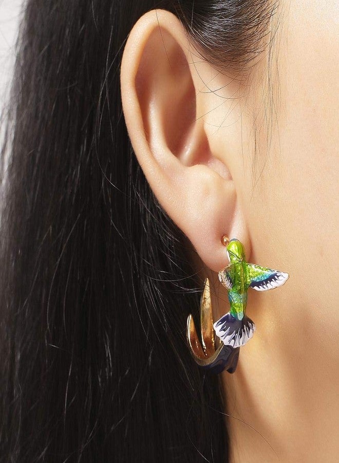 POYAMUSE Colorful Hummingbird Enamel Stud Earrings - Flying Hummingbird C Shaped Stud Earrings for Women Oil Painting Style Jewelry - Image 2